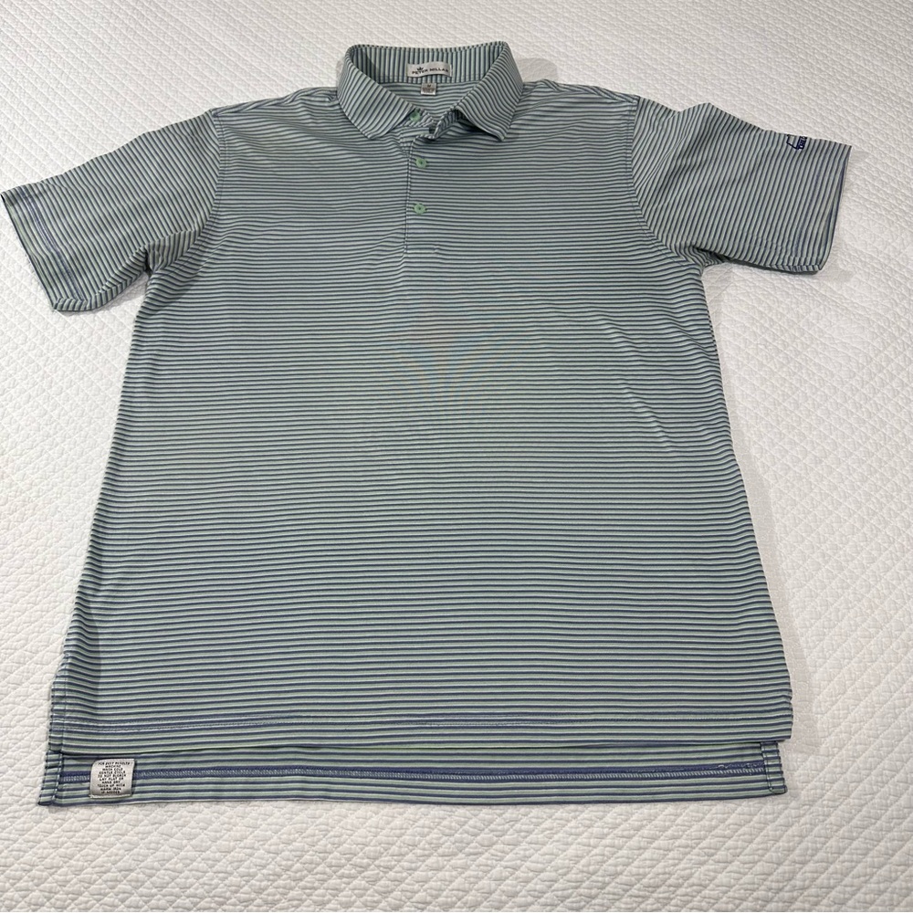 Peter Millar Men's Polo Shirt - Blue and Green Stripes Sz M